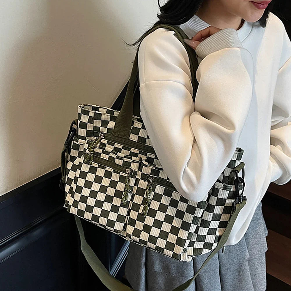 Crossbody Bag Checkered Corduroy with Top Handles and Pockets