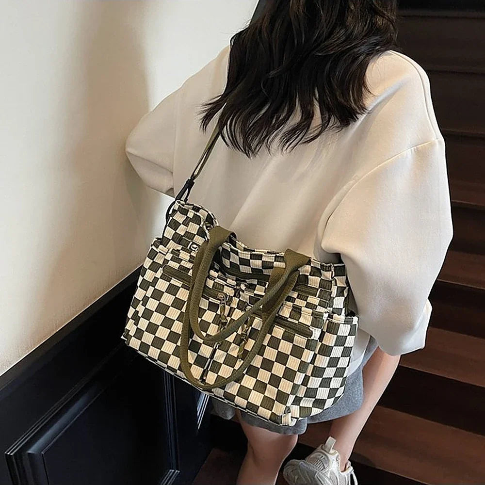 Crossbody Bag Checkered Corduroy with Top Handles and Pockets