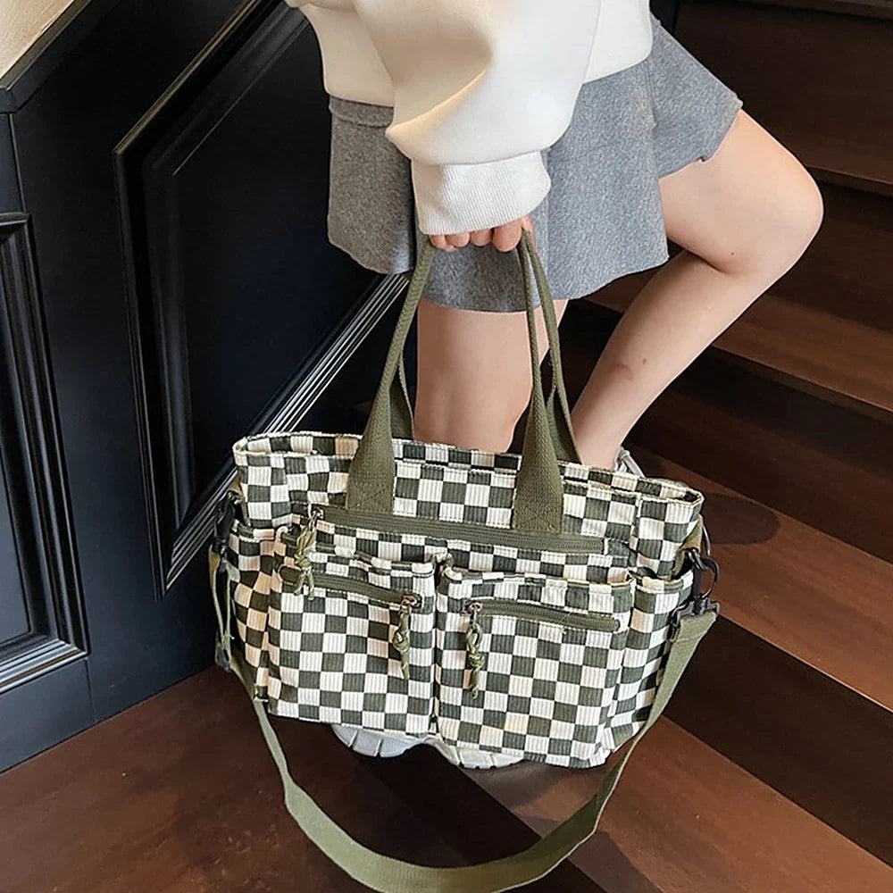 Crossbody Bag Checkered Corduroy with Top Handles and Pockets