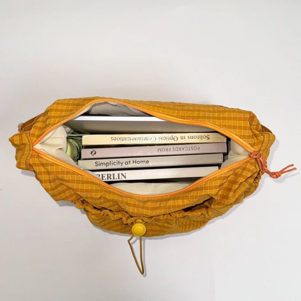 Crossbody Bag Checkered Nylon Polyester with Drawstring Front Pocket