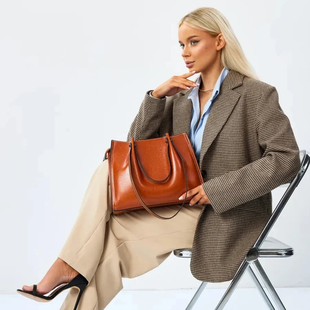 Tote Bag Genuine Leather with Three Compartments and Topstitching
