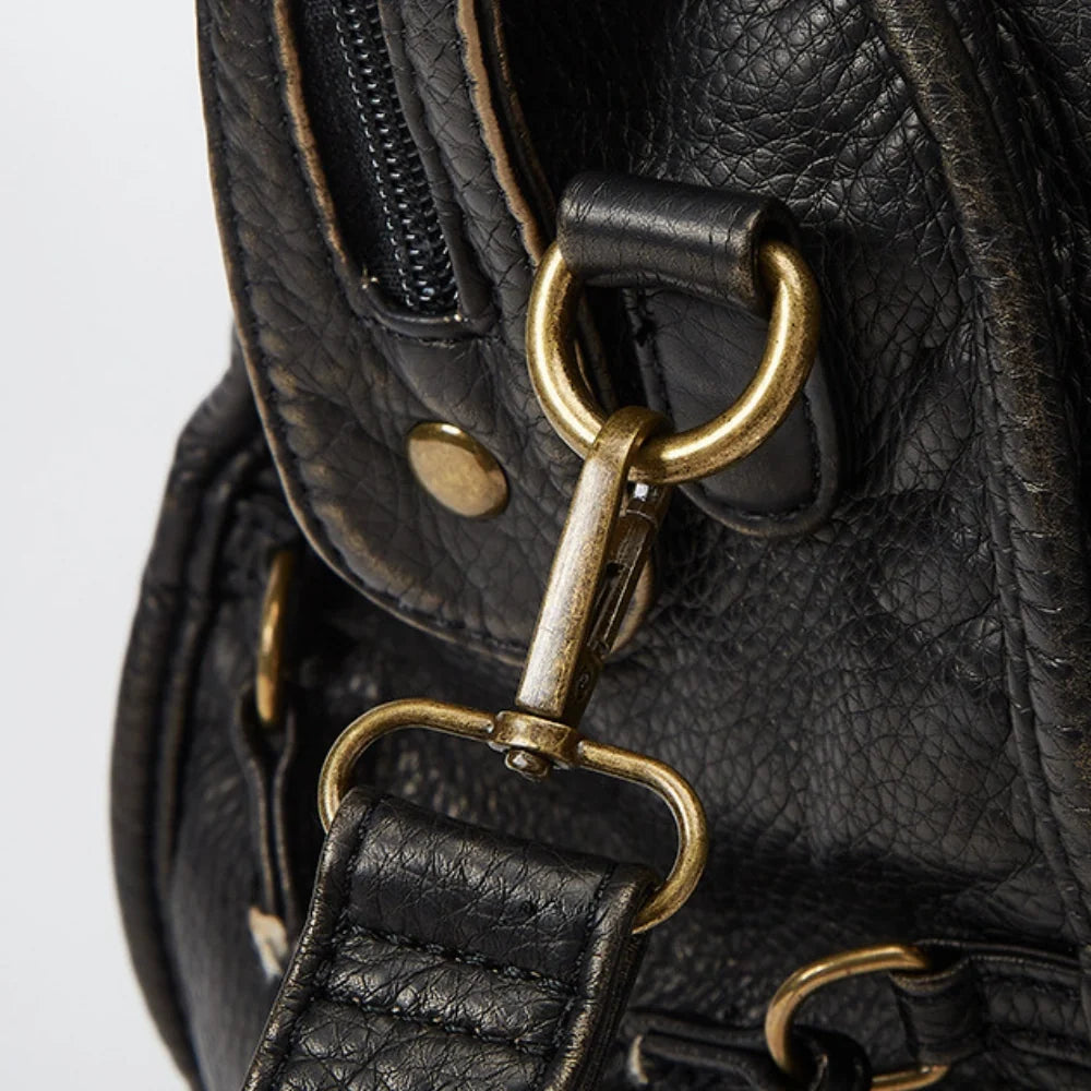 Crossbody Bag Grained Faux Leather with Top Handles and Zip Pockets