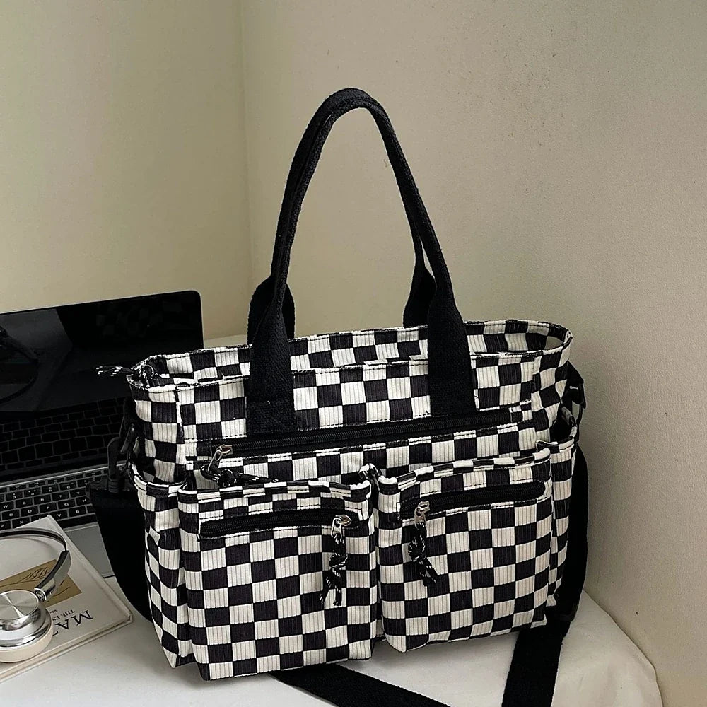 Crossbody Bag Checkered Corduroy with Top Handles and Pockets
