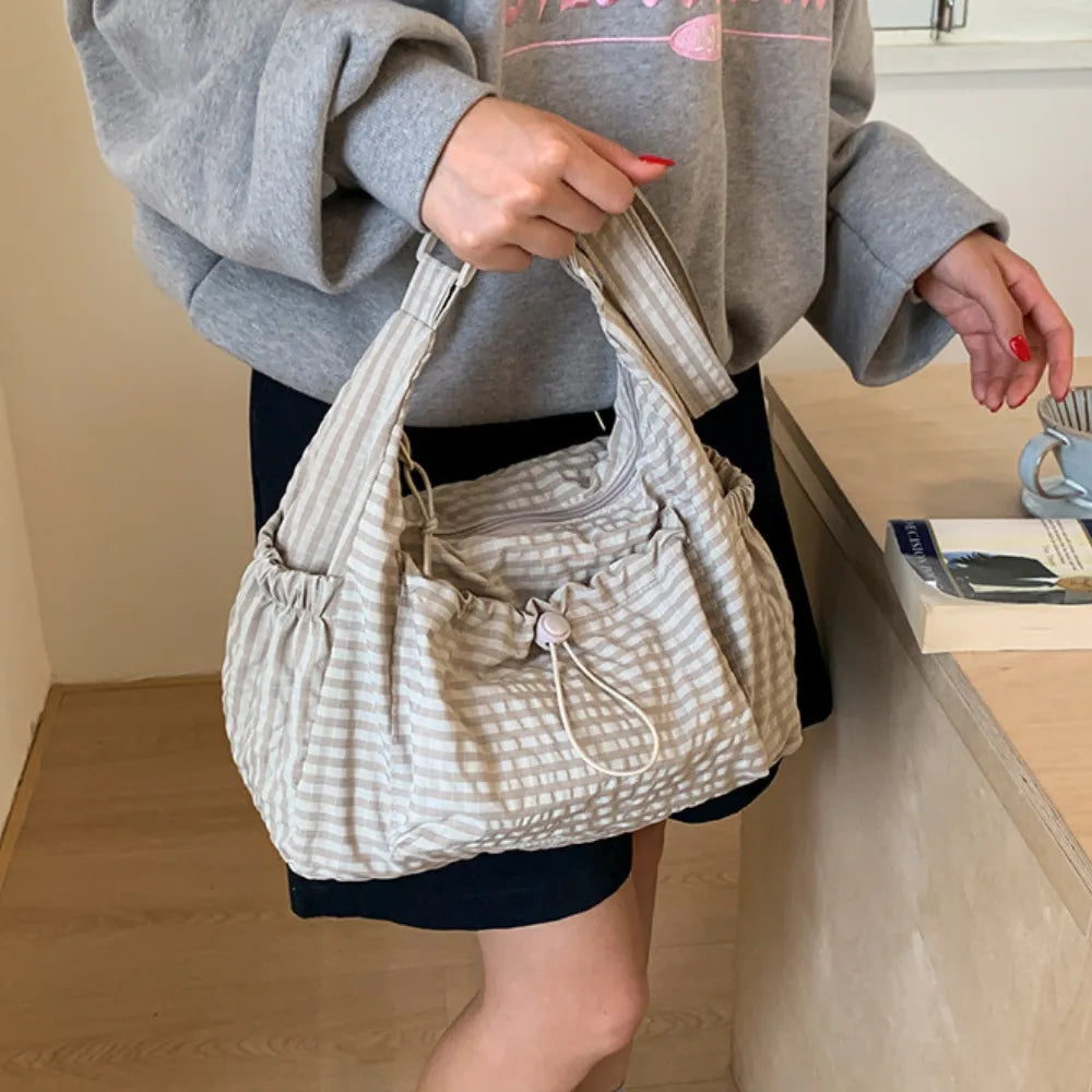 Crossbody Bag Checkered Nylon Polyester with Drawstring Front Pocket