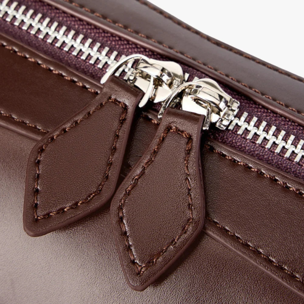 Shoulder Bag Genuine Leather with Top Zip and Slim Handles