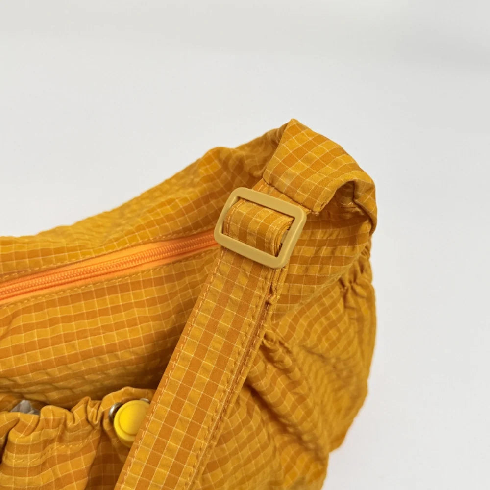 Crossbody Bag Checkered Nylon Polyester with Drawstring Front Pocket