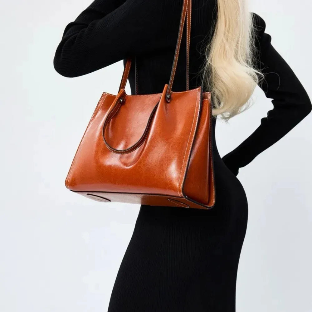 Tote Bag Genuine Leather with Three Compartments and Topstitching