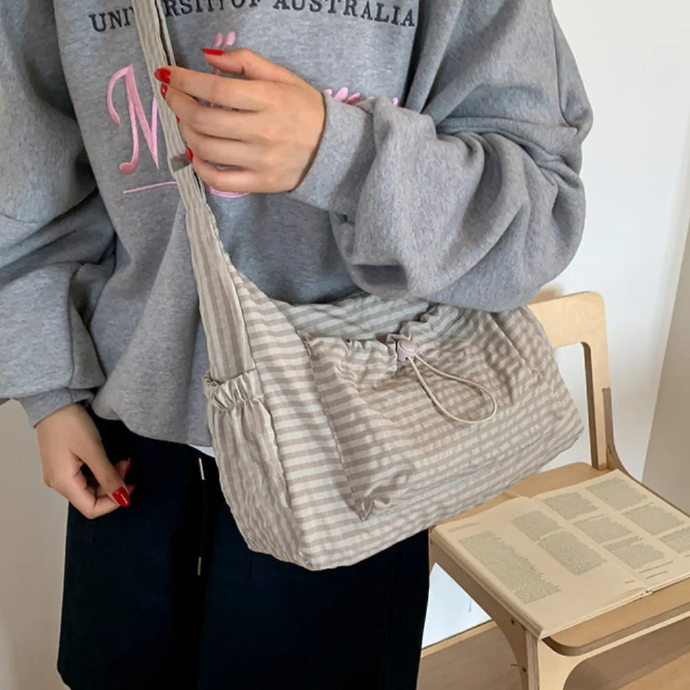 Crossbody Bag Checkered Nylon Polyester with Drawstring Front Pocket