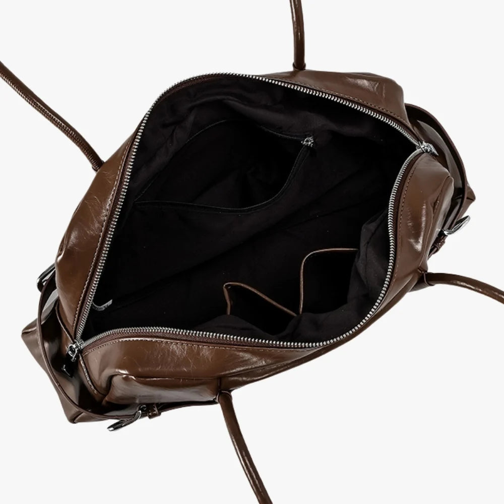 Shoulder Bag Faux Leather Glossy with Front Belt and Top Zip