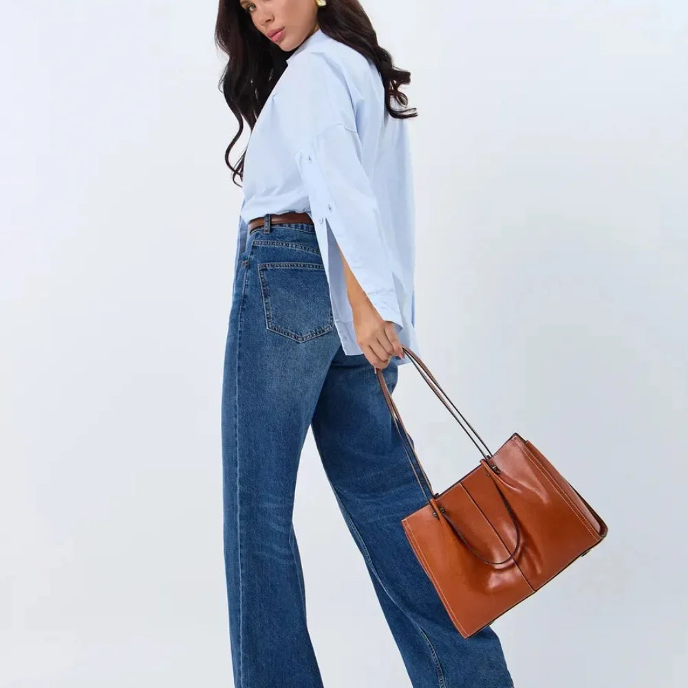 Tote Bag Genuine Leather with Three Compartments and Topstitching