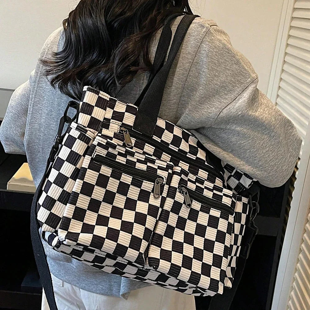 Crossbody Bag Checkered Corduroy with Top Handles and Pockets