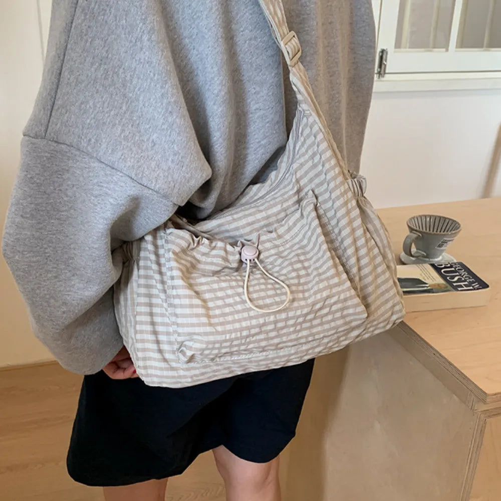 Crossbody Bag Checkered Nylon Polyester with Drawstring Front Pocket