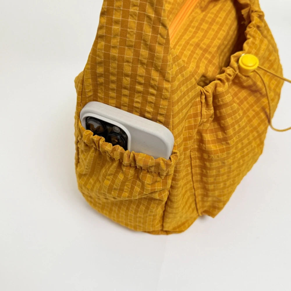 Crossbody Bag Checkered Nylon Polyester with Drawstring Front Pocket