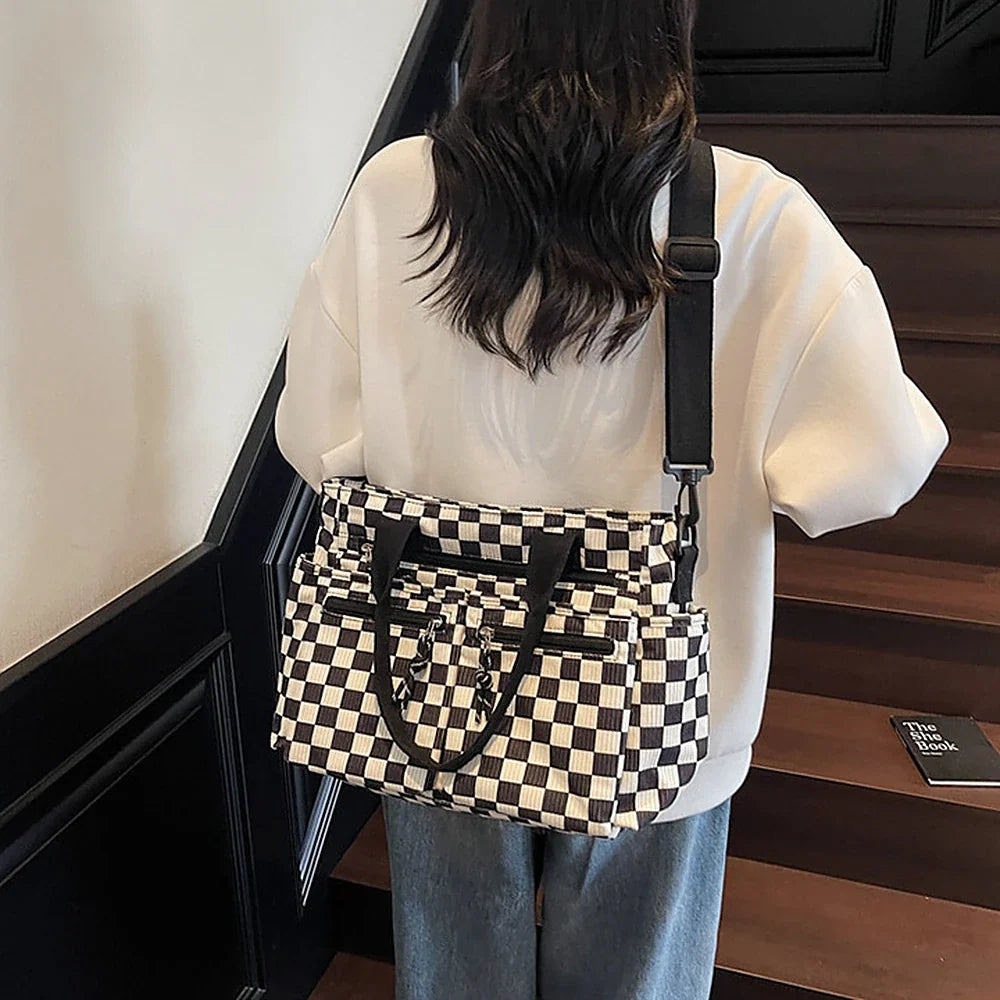 Crossbody Bag Checkered Corduroy with Top Handles and Pockets