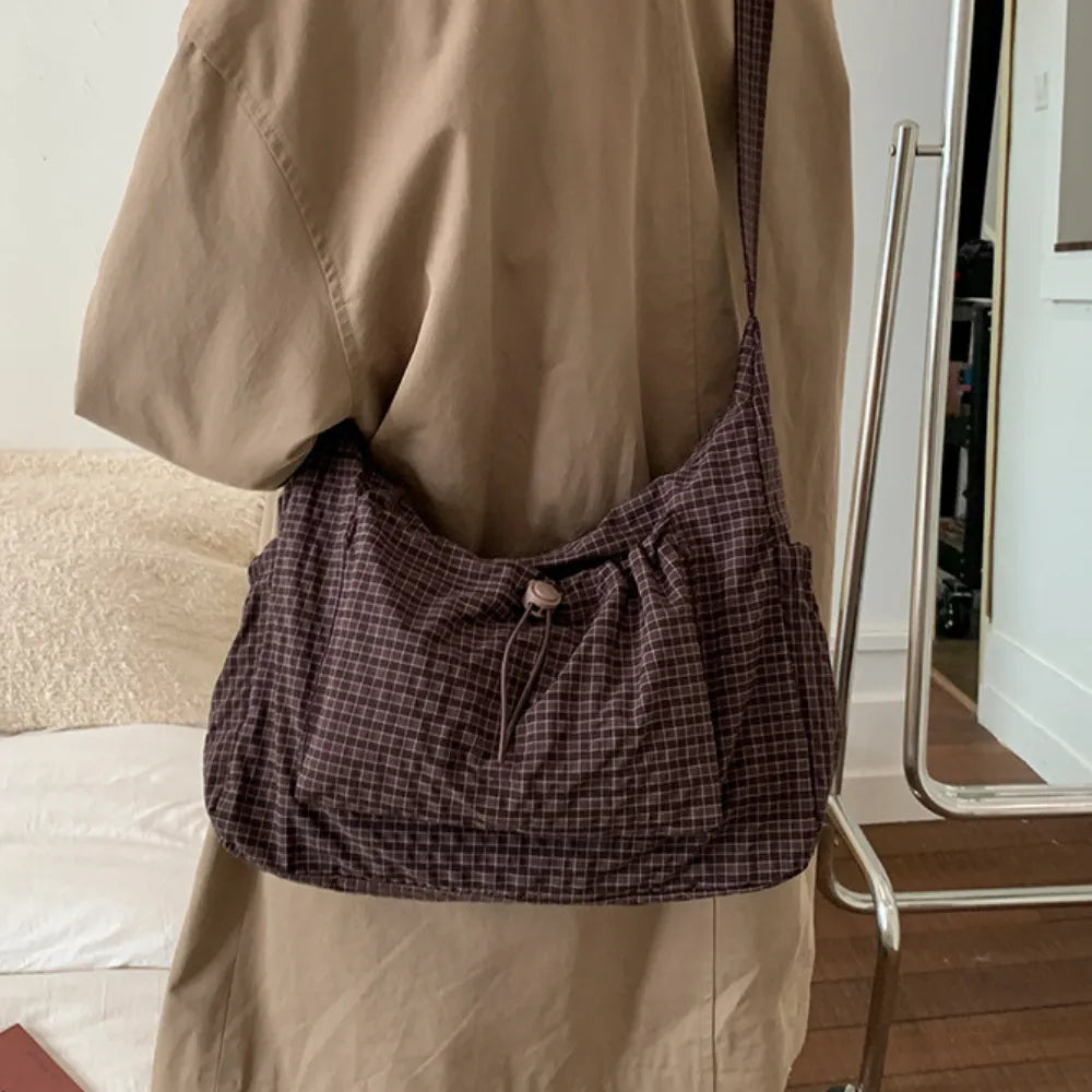 Crossbody Bag Checkered Nylon Polyester with Drawstring Front Pocket