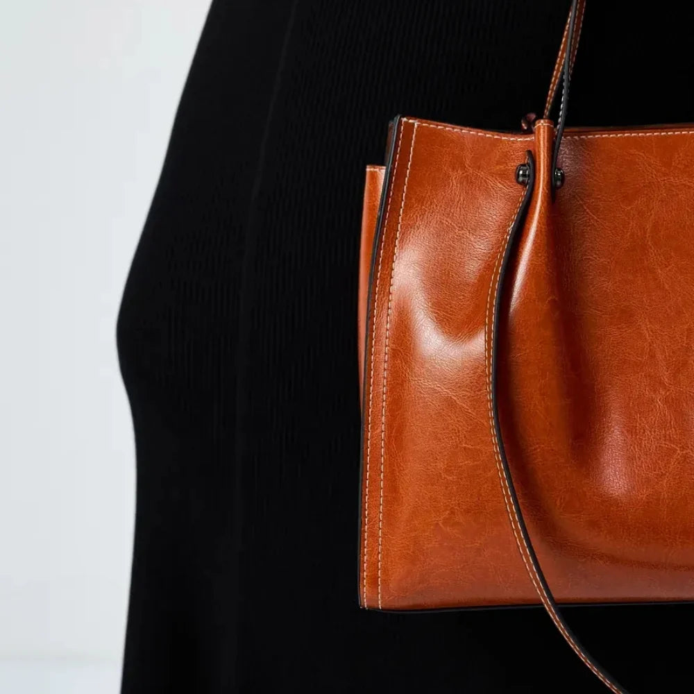 Tote Bag Genuine Leather with Three Compartments and Topstitching