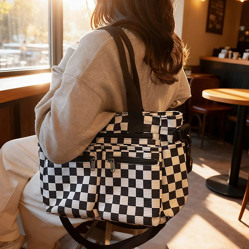 Crossbody Bag Checkered Corduroy with Top Handles and Pockets