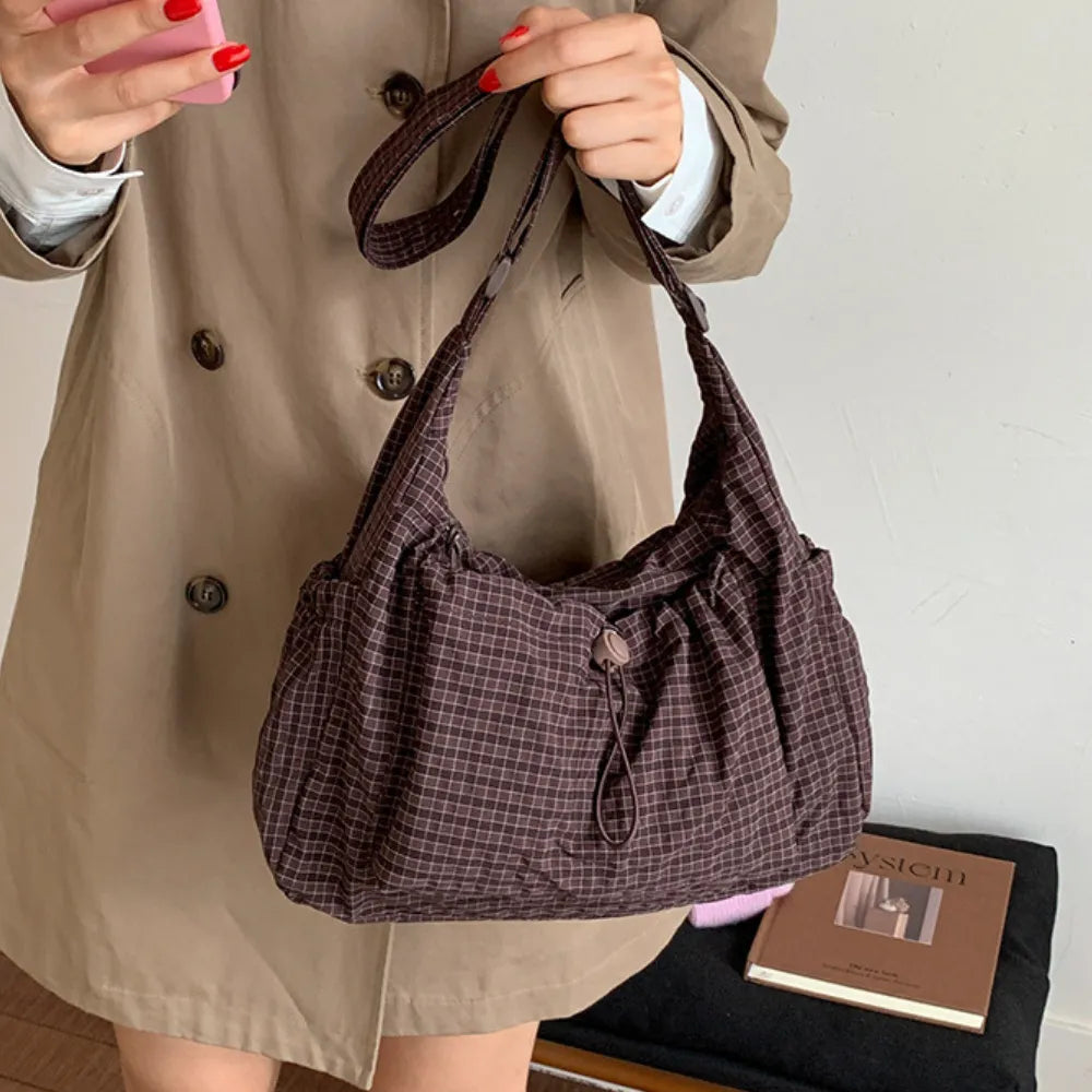 Crossbody Bag Checkered Nylon Polyester with Drawstring Front Pocket