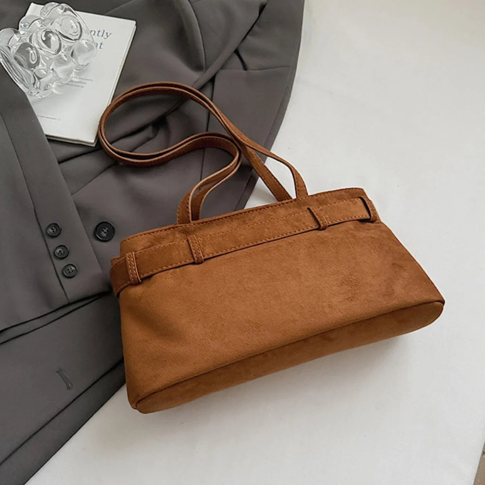Shoulder Bag Faux Suede with Front Belt and Top Zip