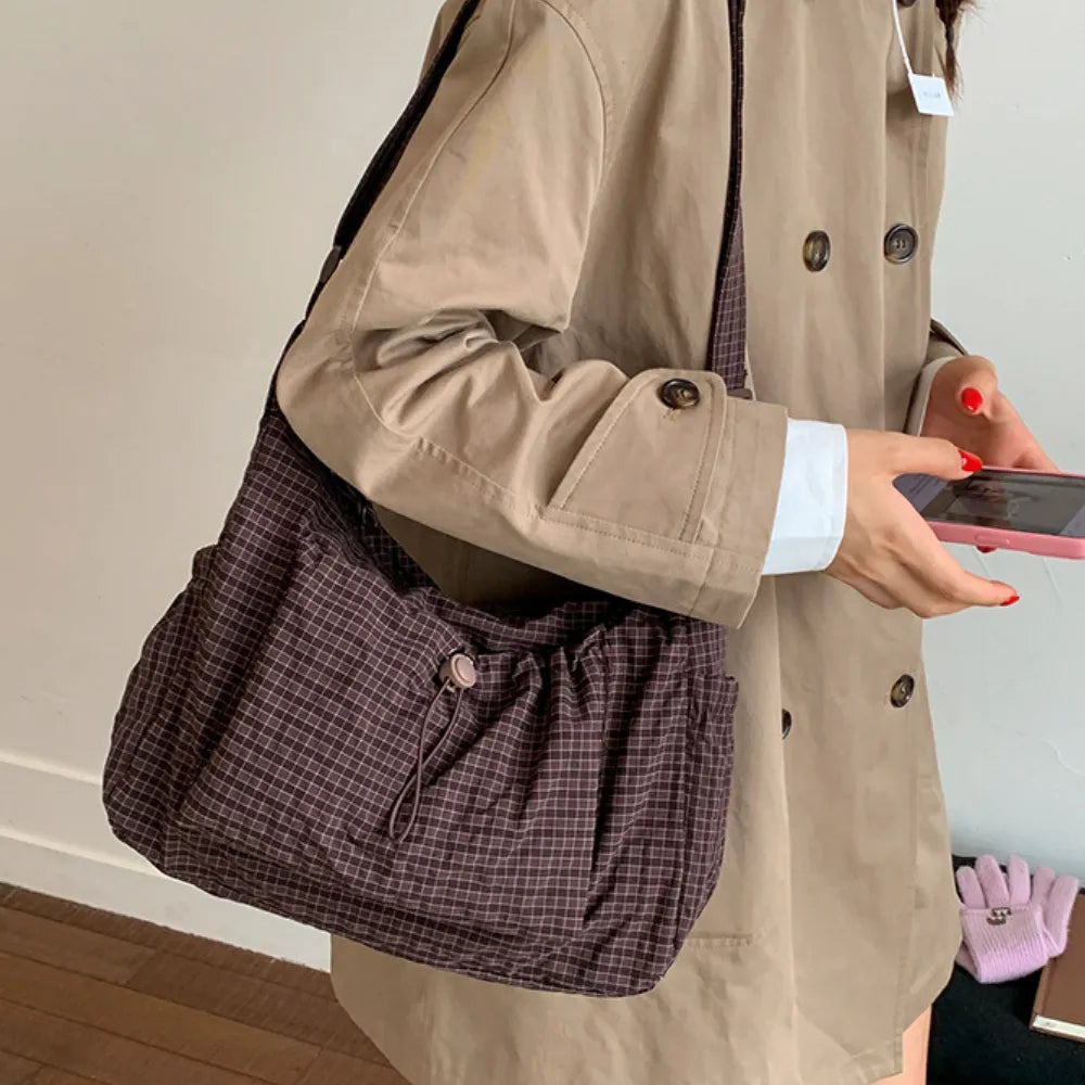 Crossbody Bag Checkered Nylon Polyester with Drawstring Front Pocket
