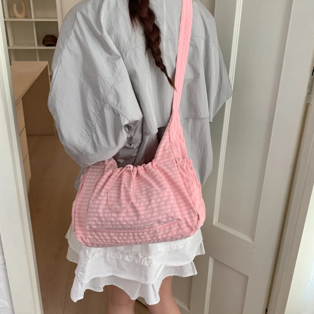 Crossbody Bag Checkered Nylon Polyester with Drawstring Front Pocket