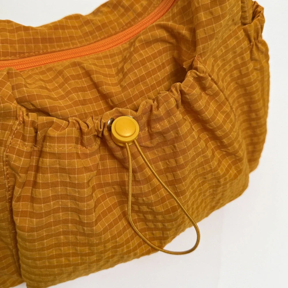 Crossbody Bag Checkered Nylon Polyester with Drawstring Front Pocket