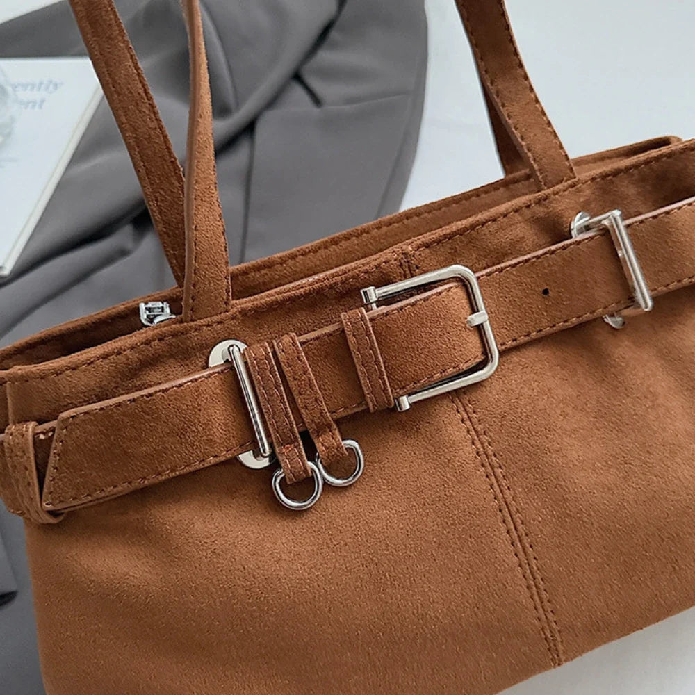 Shoulder Bag Faux Suede with Front Belt and Top Zip