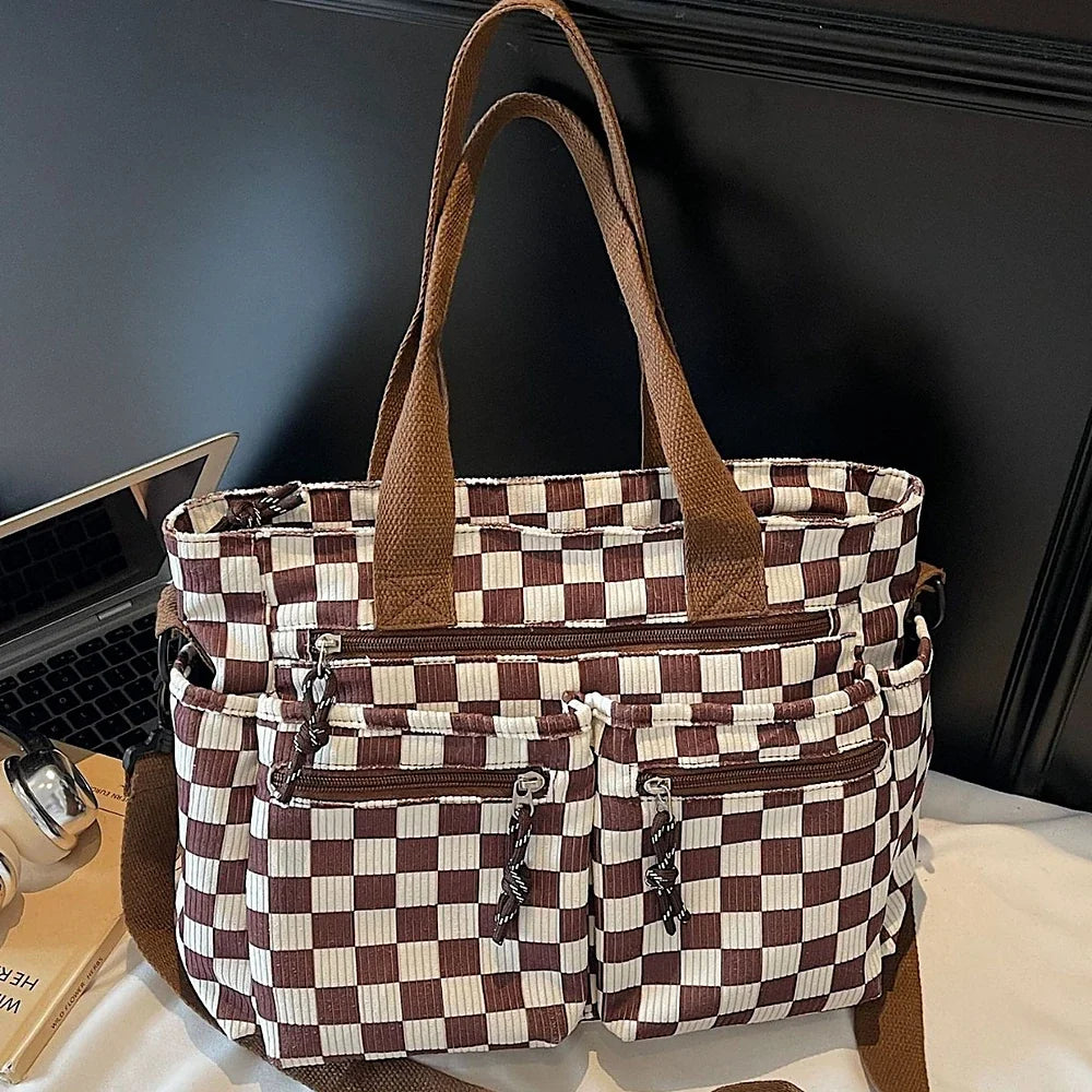 Crossbody Bag Checkered Corduroy with Top Handles and Pockets