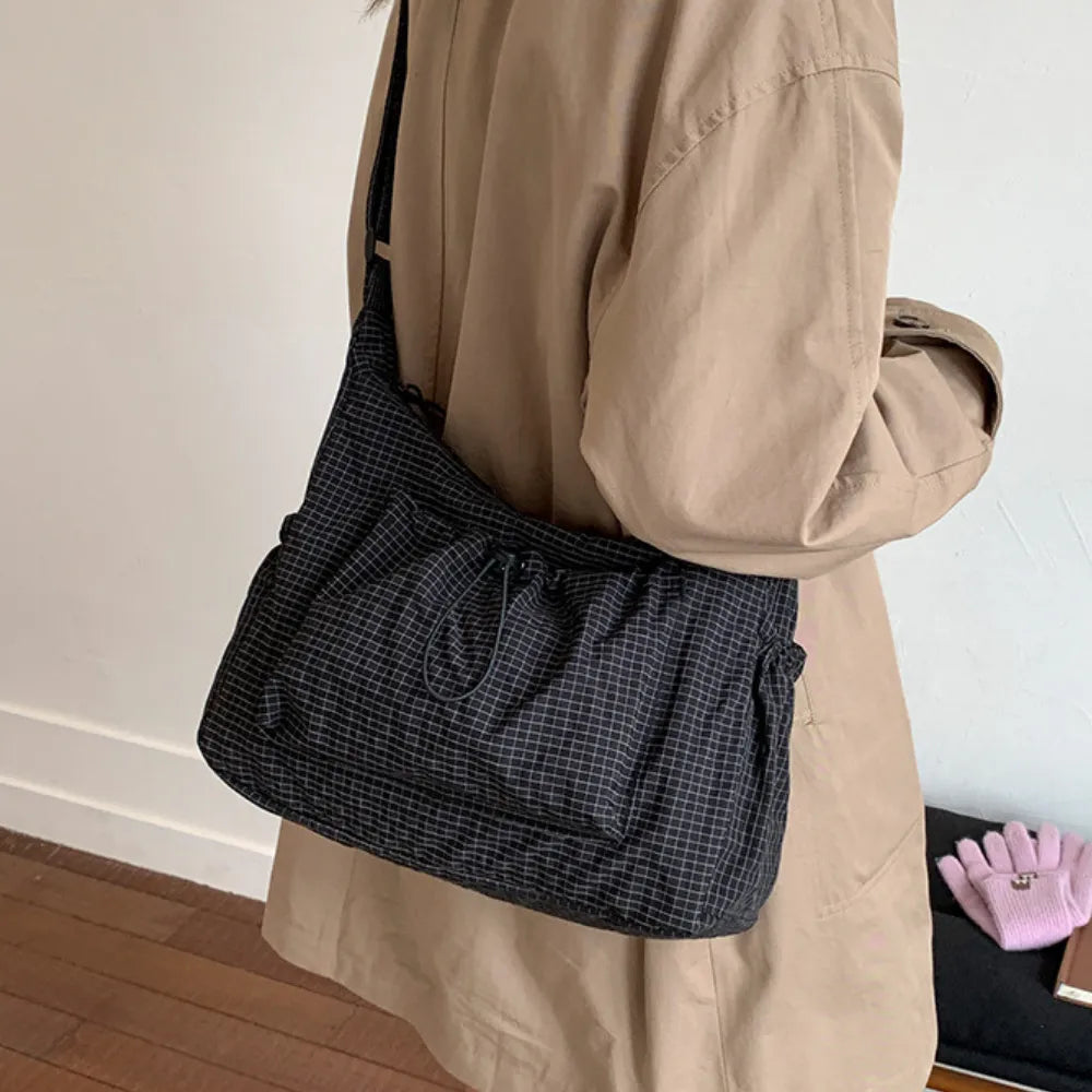 Crossbody Bag Checkered Nylon Polyester with Drawstring Front Pocket
