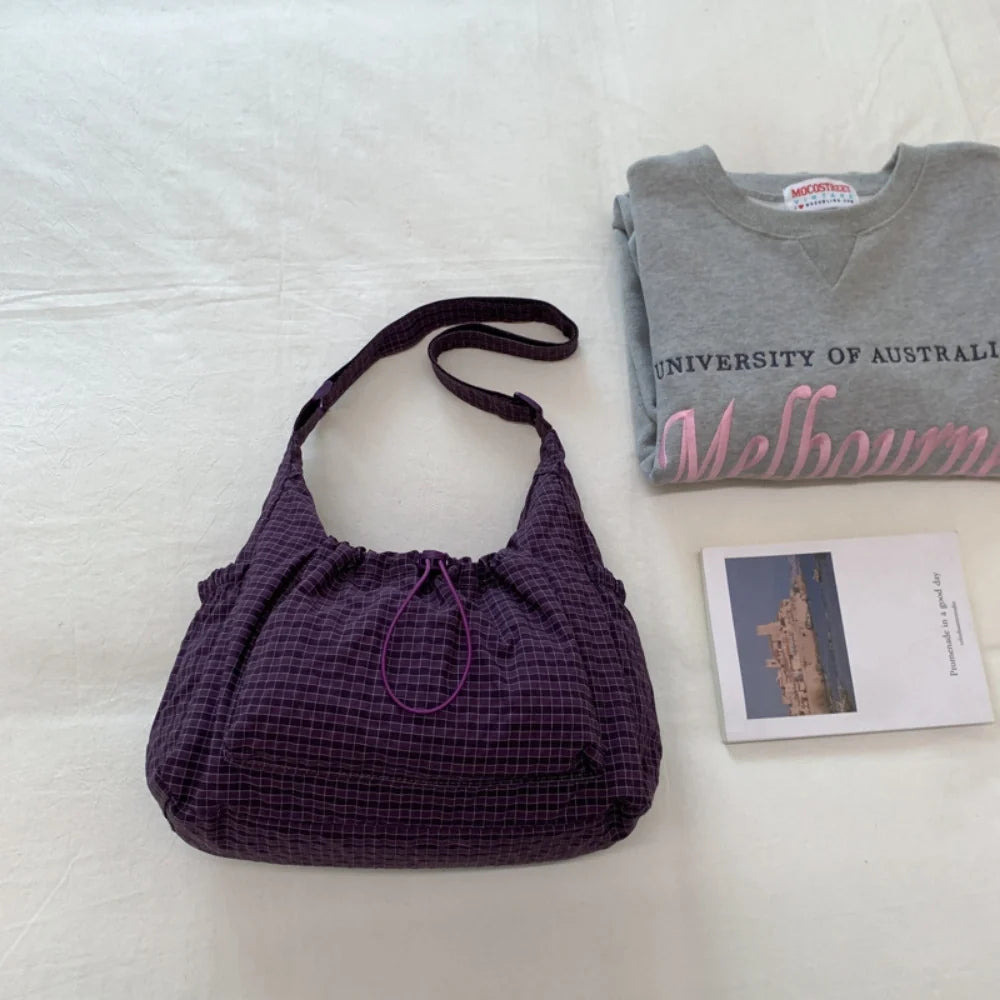 Crossbody Bag Checkered Nylon Polyester with Drawstring Front Pocket