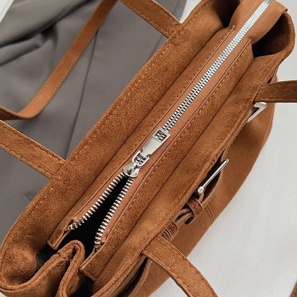 Shoulder Bag Faux Suede with Front Belt and Top Zip