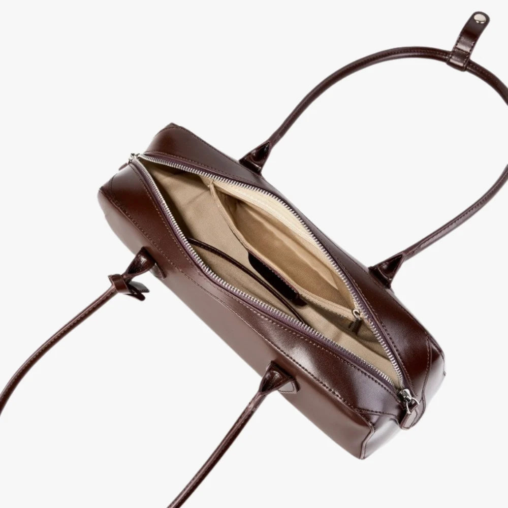 Shoulder Bag Genuine Leather with Top Zip and Slim Handles