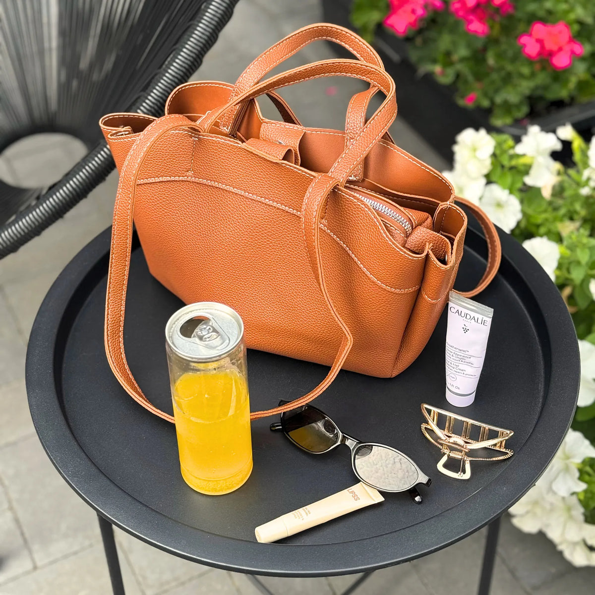 Tote Bag Grained Faux Leather with Removable Pouch and Topstitching