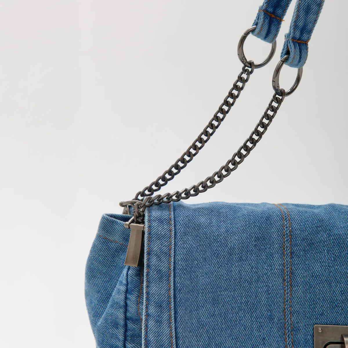 Shoulder Bag Upcycled Denim with Chain Handles and Metal Clasp
