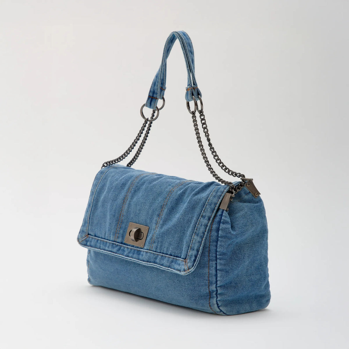 Shoulder Bag Upcycled Denim with Chain Handles and Metal Clasp