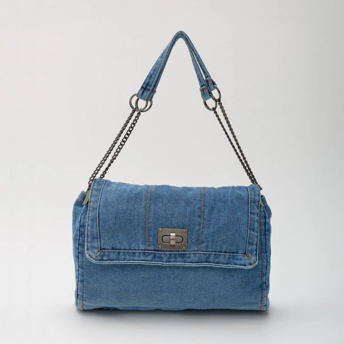 Shoulder Bag Upcycled Denim with Chain Handles and Metal Clasp