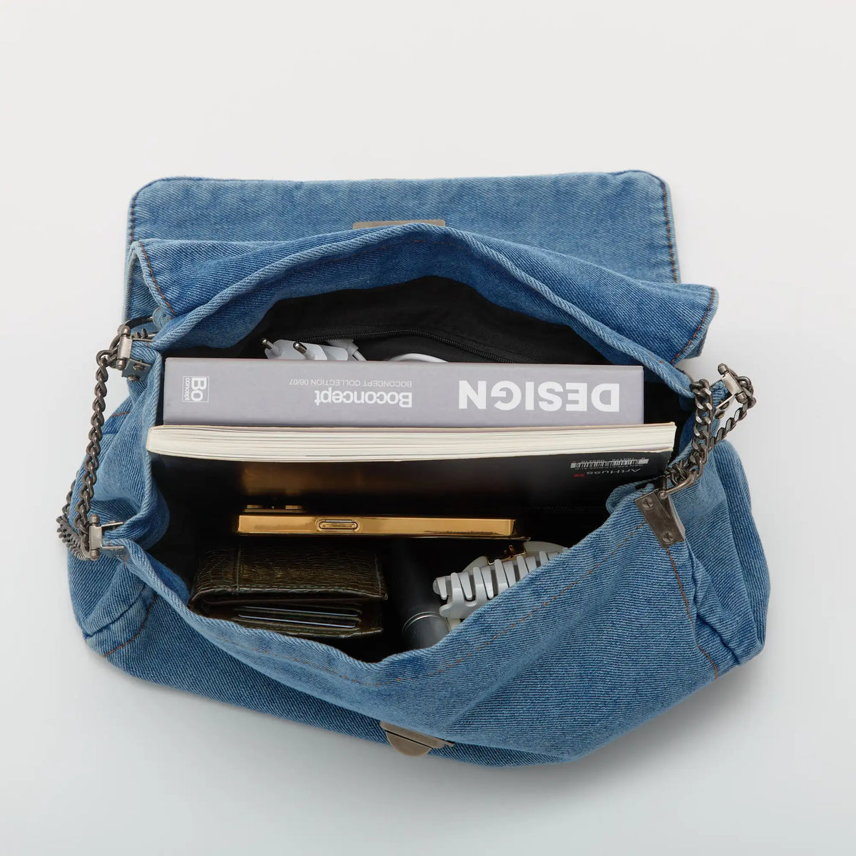 Shoulder Bag Upcycled Denim with Chain Handles and Metal Clasp