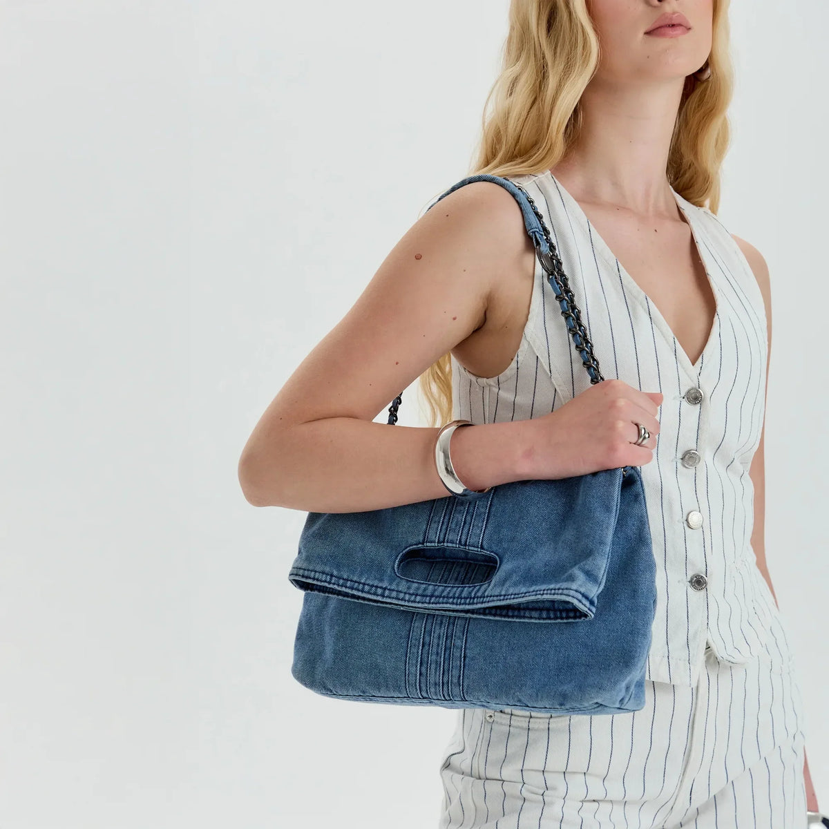 Shoulder Bag Upcycled Denim with Chain Handles and Snap Closure