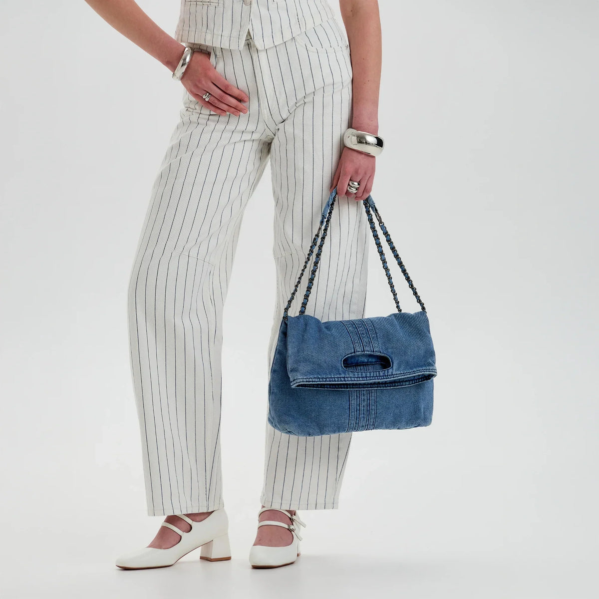 Shoulder Bag Upcycled Denim with Chain Handles and Snap Closure