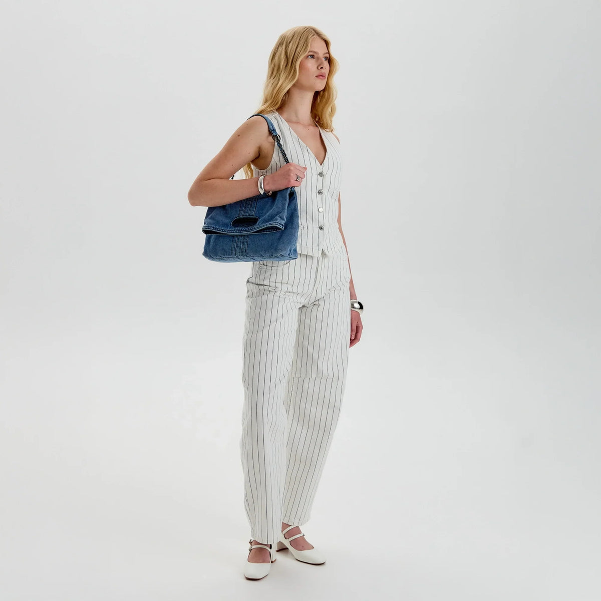 Shoulder Bag Upcycled Denim with Chain Handles and Snap Closure