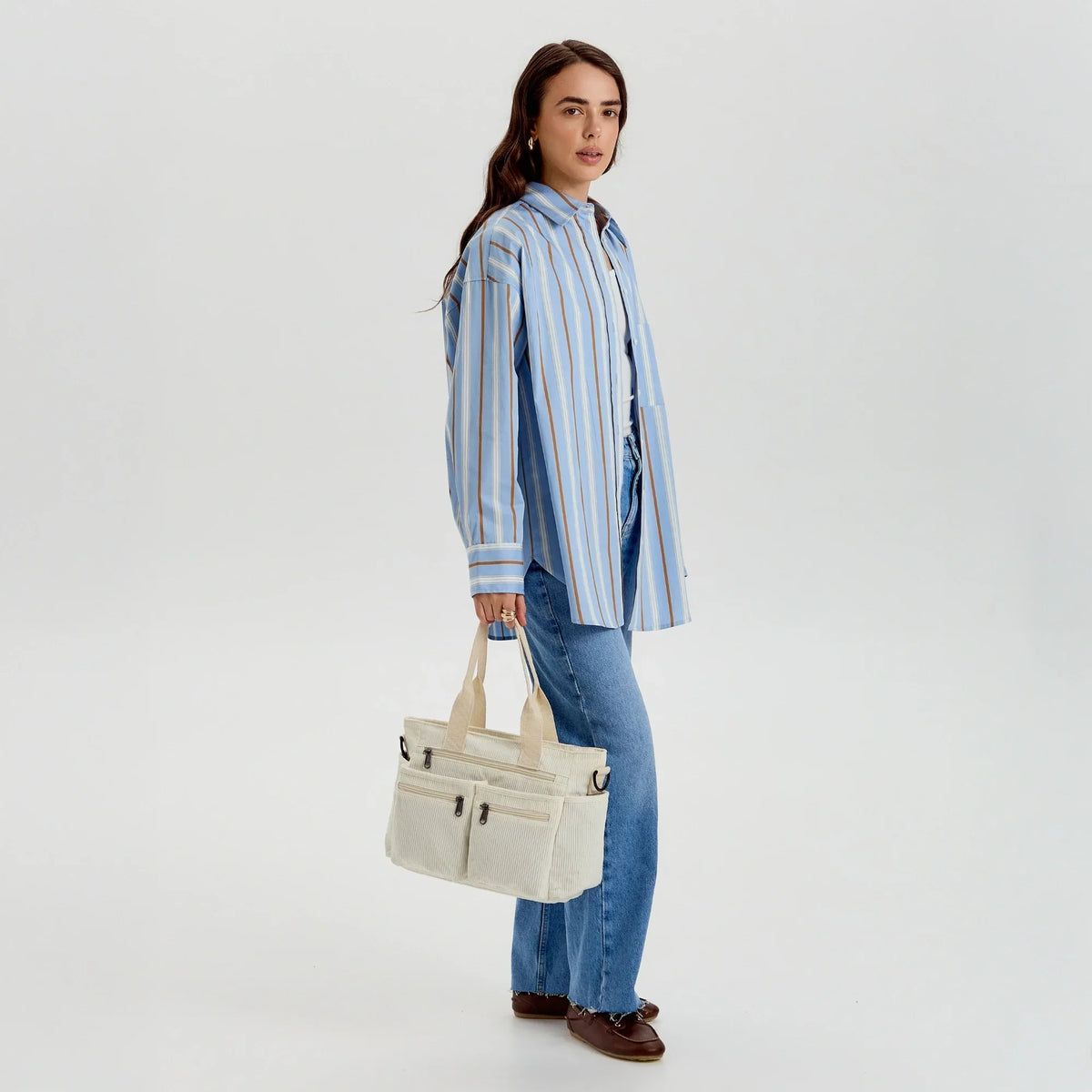 Crossbody Bag Corduroy with Top Handles, Zip Pockets and Strap