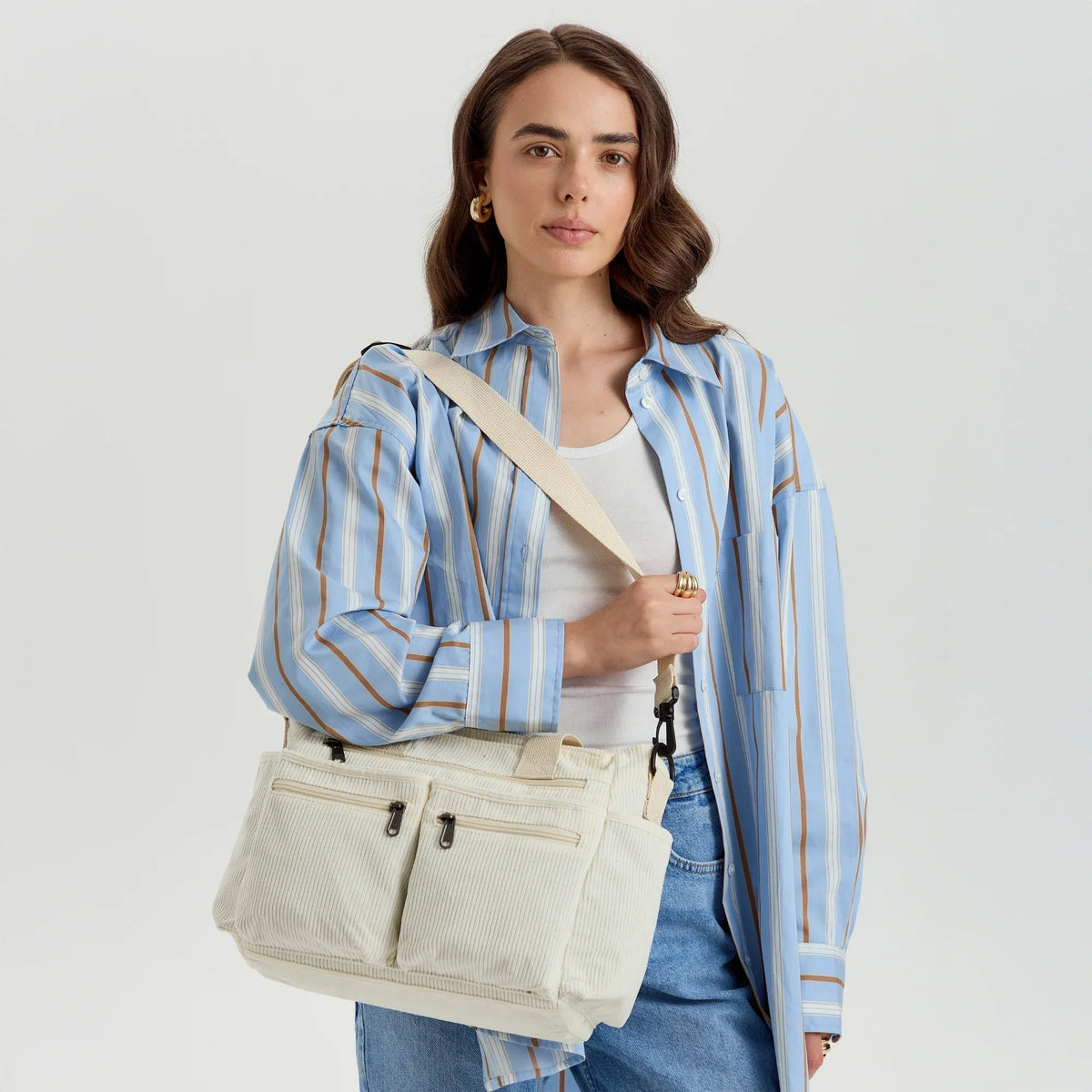 Crossbody Bag Corduroy with Top Handles, Zip Pockets and Strap