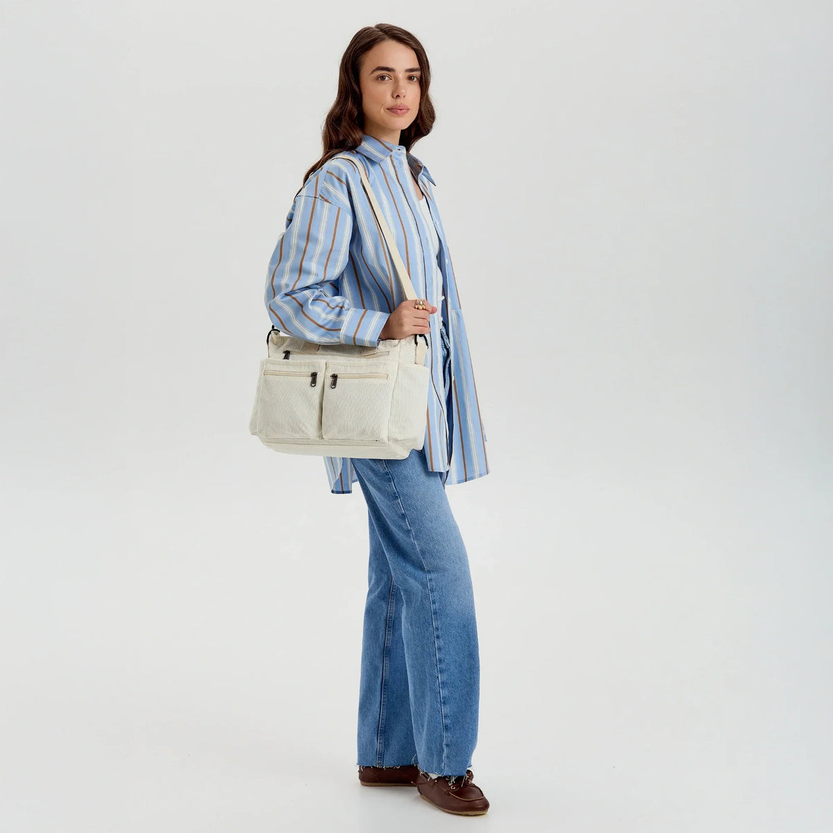 Crossbody Bag Corduroy with Top Handles, Zip Pockets and Strap