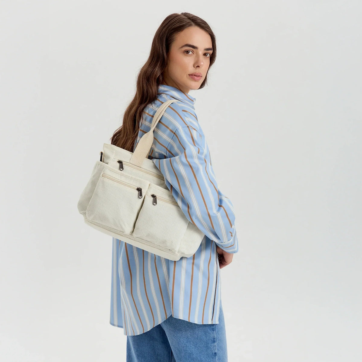 Crossbody Bag Corduroy with Top Handles, Zip Pockets and Strap