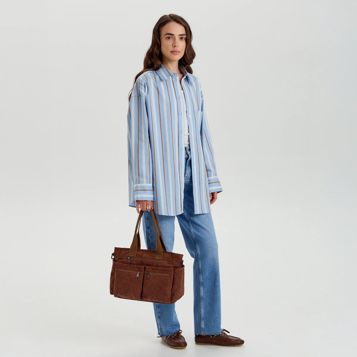 Crossbody Bag Corduroy with Top Handles, Zip Pockets and Strap