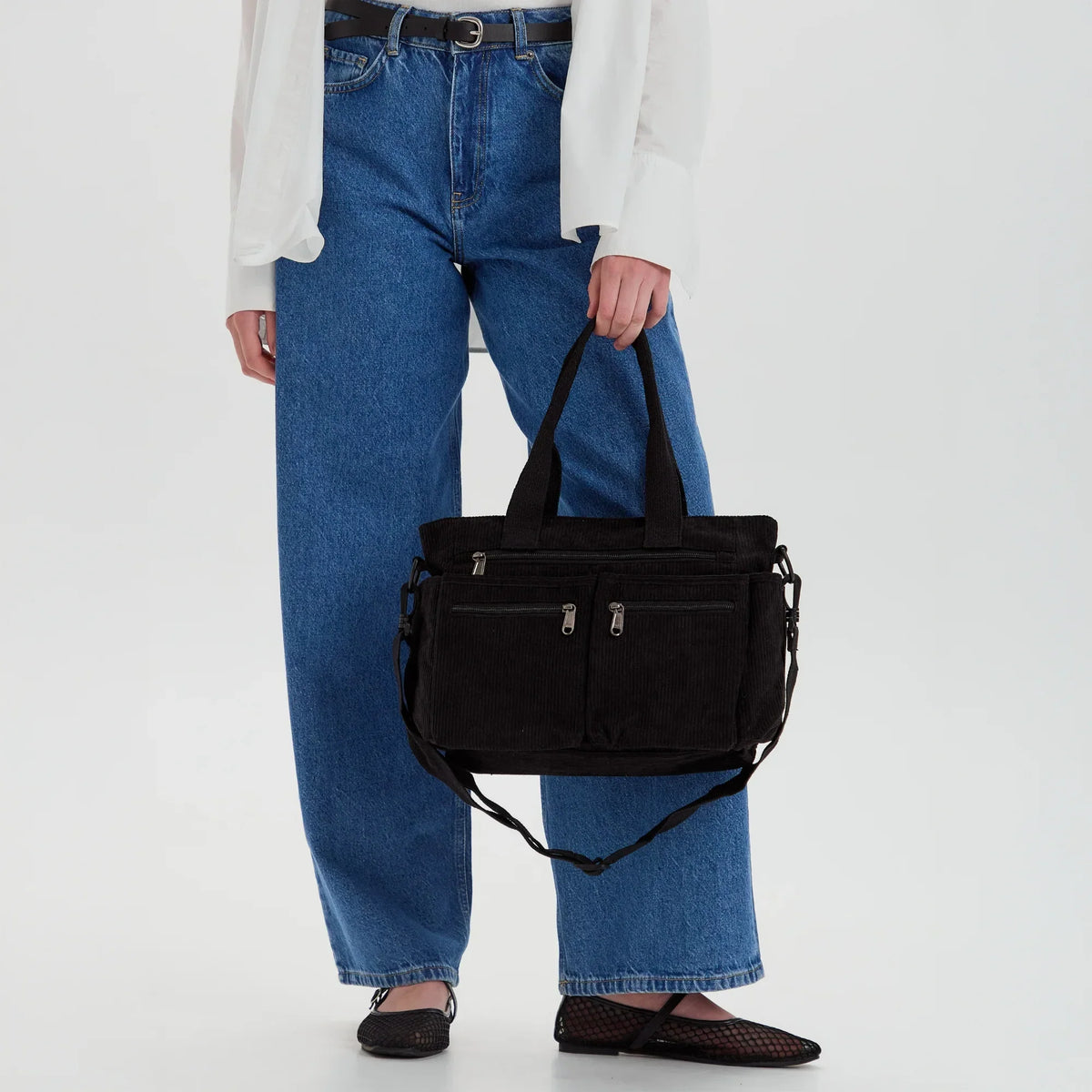 Crossbody Bag Corduroy with Top Handles, Zip Pockets and Strap