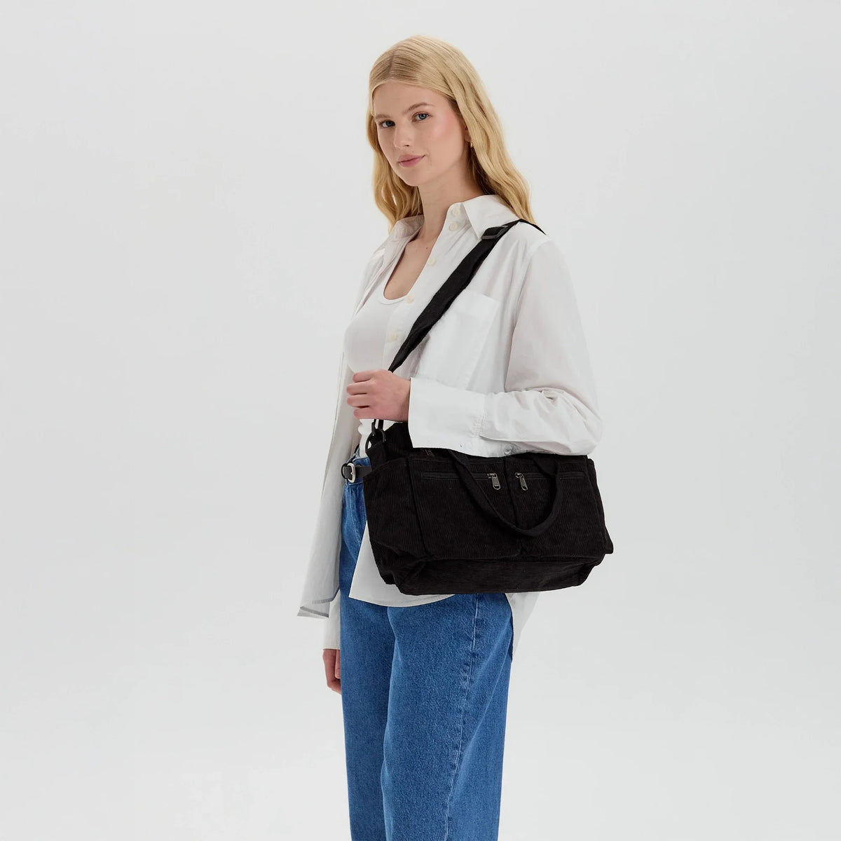 Crossbody Bag Corduroy with Top Handles, Zip Pockets and Strap