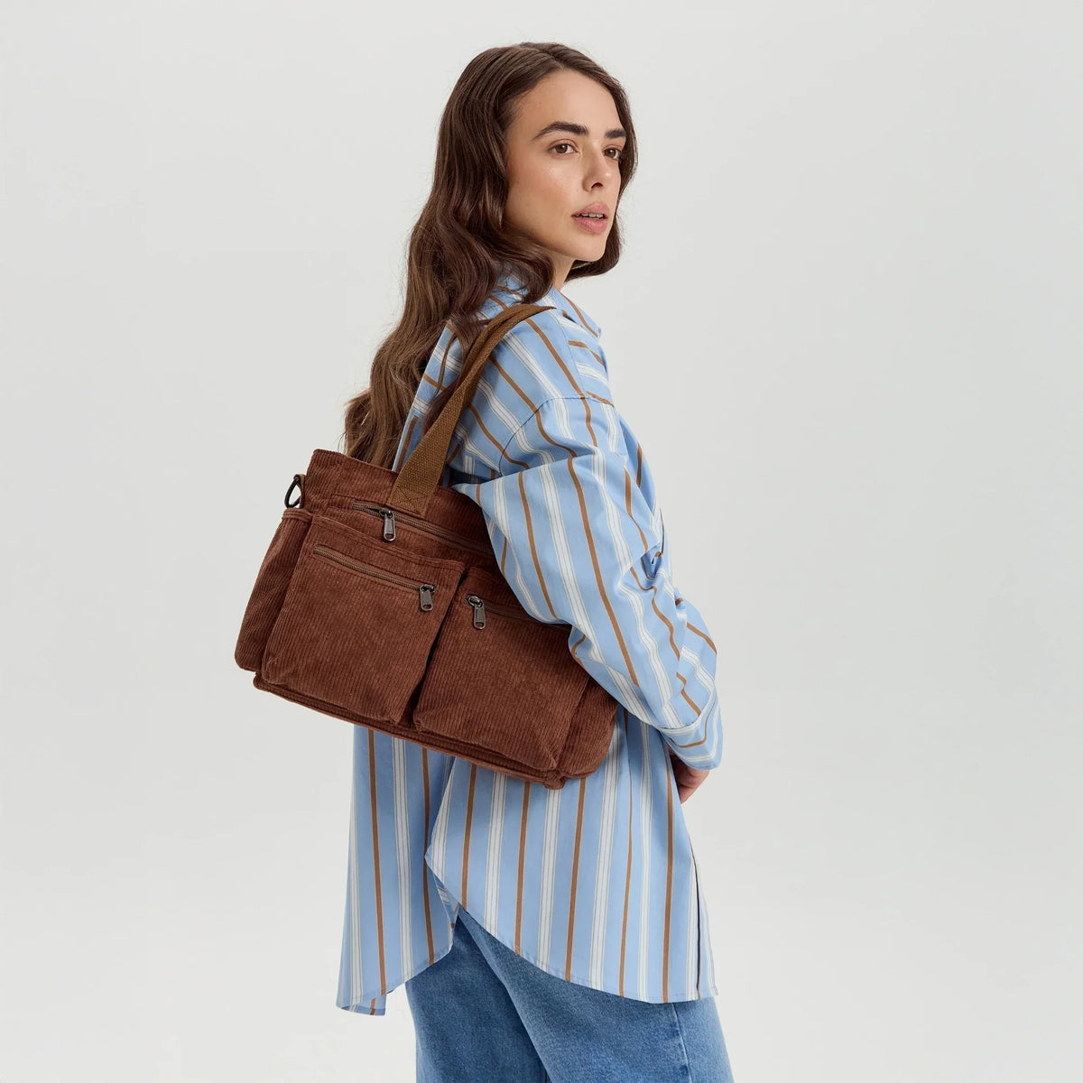 Crossbody Bag Corduroy with Top Handles, Zip Pockets and Strap