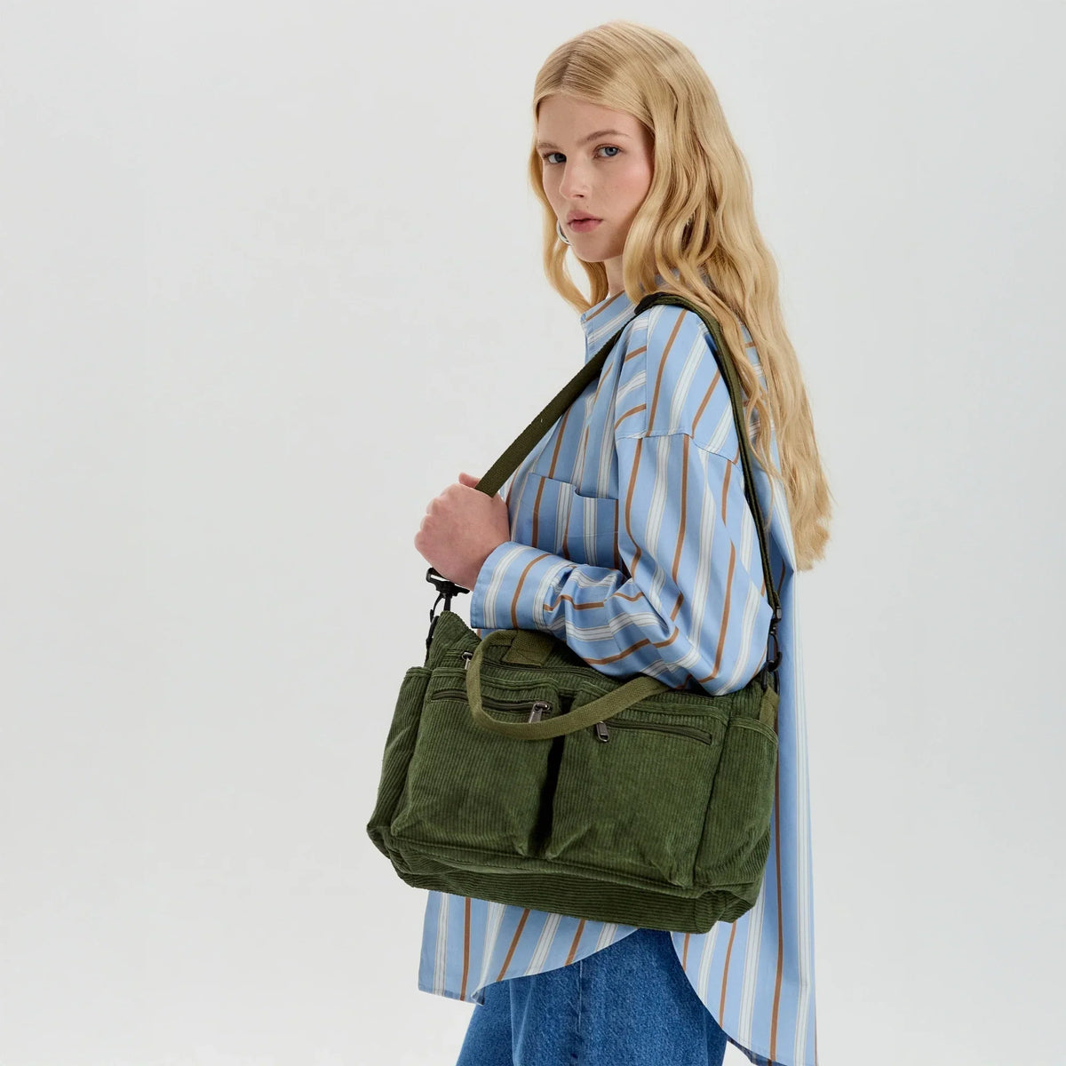 Crossbody Bag Corduroy with Top Handles, Zip Pockets and Strap