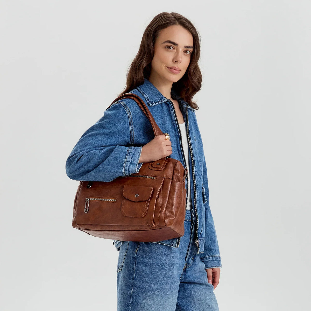 Crossbody Bag Faux Leather with Two Lined Compartments and Handles